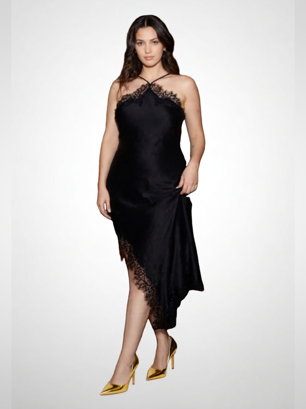 Camila Coelho/ REVOLVE. Asymmetrical Slip Dress with Lace Trim Black L